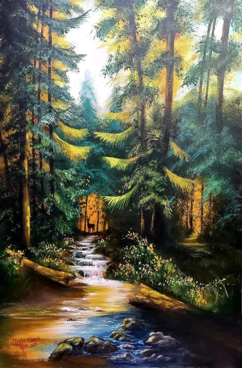 Acrylic landscape painting of a glowing forest stream with tall evergreen trees, golden sunlight, rocks, flowers, and a small deer silhouette in the distance.