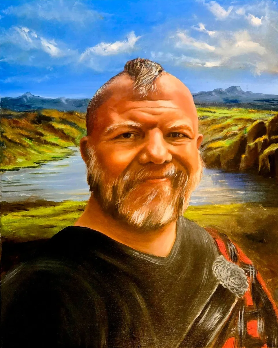Oil portrait of Nick Hayworth smiling in front of a bright mountain and lake landscape, painted by Ozzie Ghani in 2025.