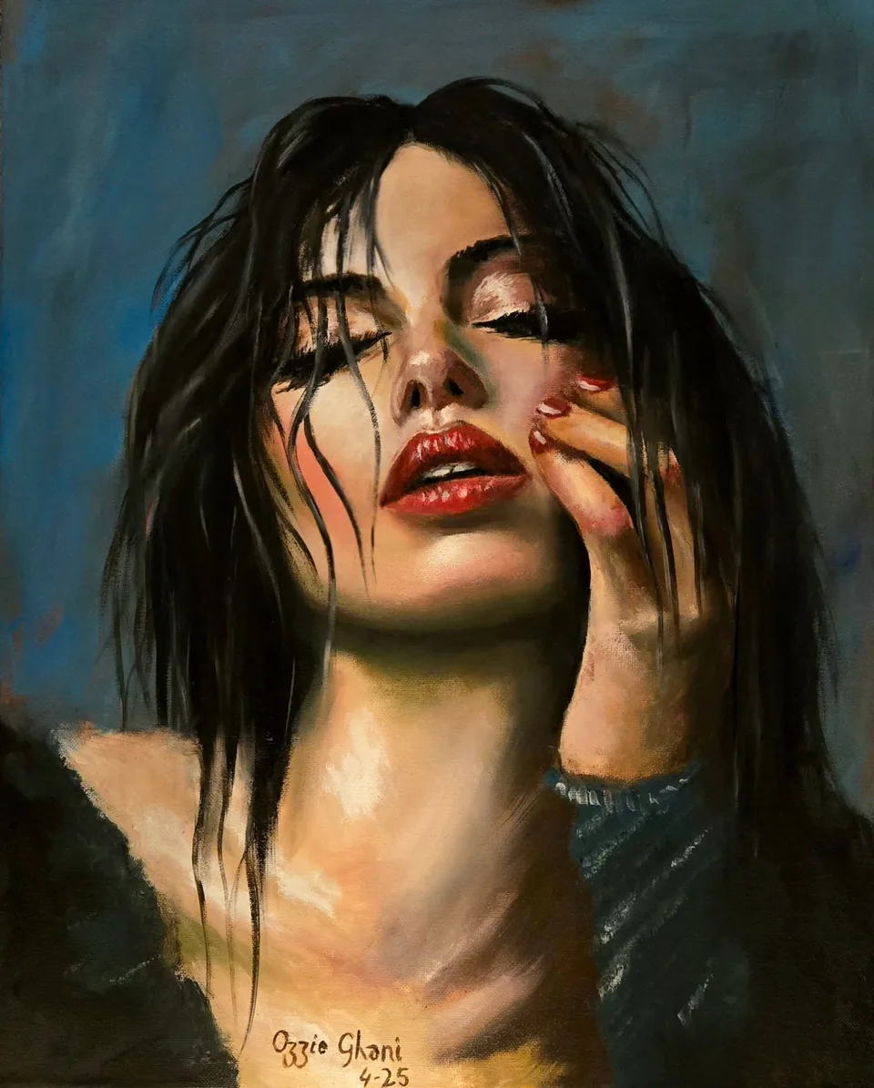 Expressive portrait painting of an imagined woman with dark hair, closed eyes, red lips, and dramatic lighting against a moody blue-gray background.