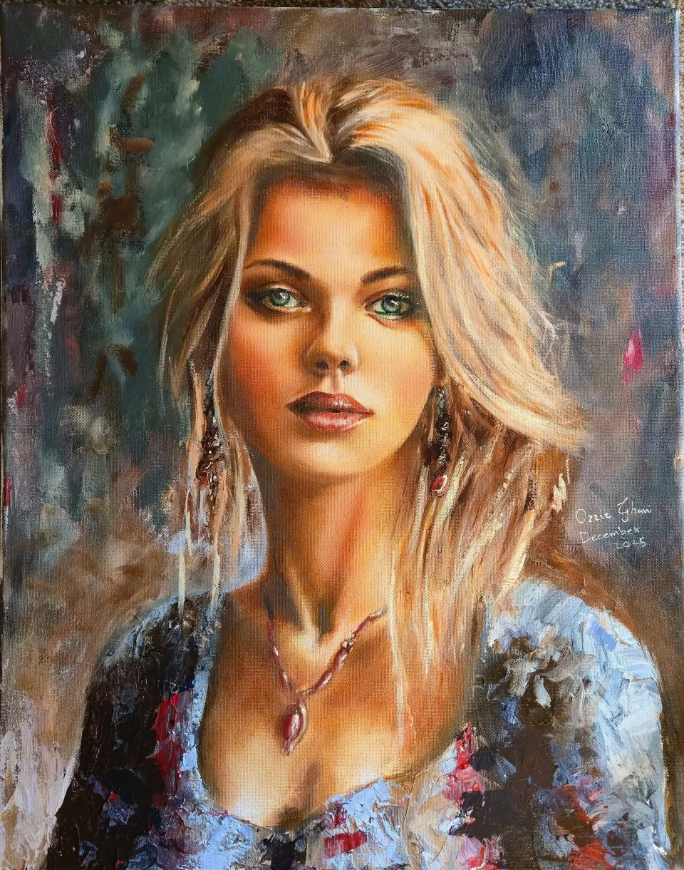 Oil portrait study of an imagined blonde woman with blue-green eyes against a textured abstract background, painted by Ozzie Ghani in 2025.